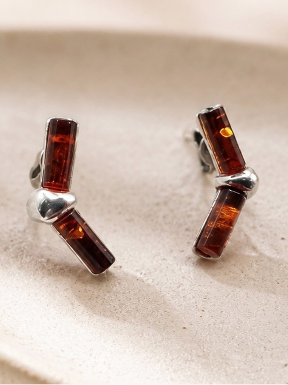 Sterling Silver Amber Bar Heart Stud Earrings - Brown Amber